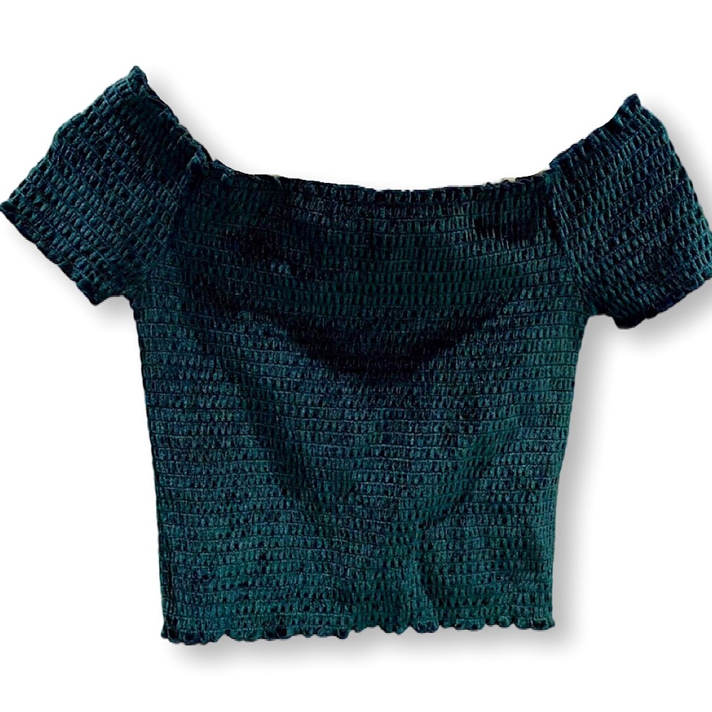 Urban Outfitters Emerald Green Shirred Off The Shoulder Fitted Crop Top